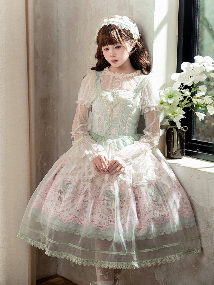 JSK Moth and with Green Pink Overlay Print Floral Dress Lolita Elegant