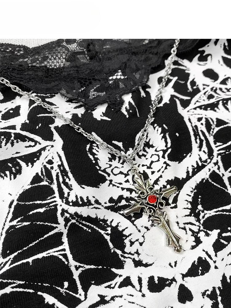 Schwarzes Camisole mit Fledermaus-Print und Spitzenbesatz