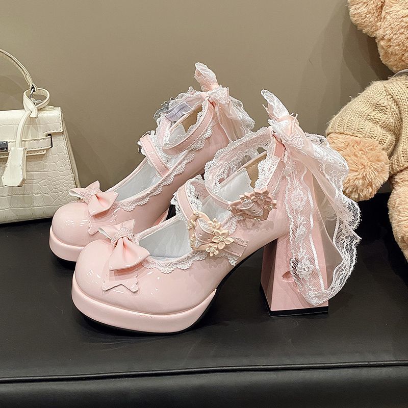 Sakura Confession Cutout Heel Lolita Mary Jane Heels – Sweet Lace Bow JK Shoes | LilyVow