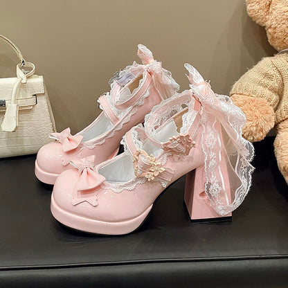 Sakura Confession Cutout Heel Lolita Mary Jane Heels – Sweet Lace Bow JK Shoes | LilyVow