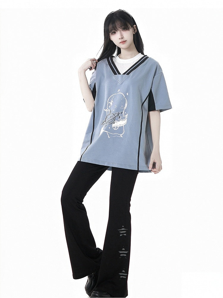 Two-pieces Neck Blue/Red Round Faux Light Graphic T-Shirt