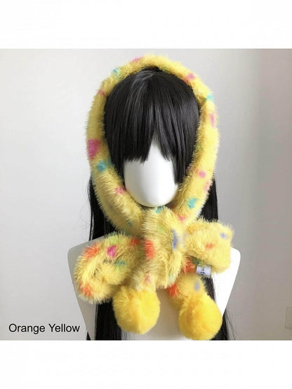 Yellow Plush Scarf with Spotted Pattern & Pom Pom Trim - freetrader