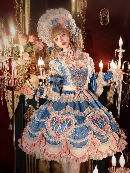 Rosette Embroidered Floral Bead Chain Blue Hanayome Lolita Dress - Bramble Rose