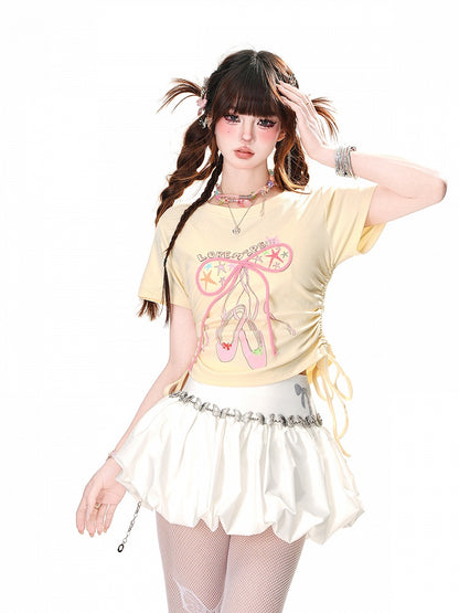 Glamorous Bowknot Schwarz/Gelb/Pink Cropped T-Shirt Kordelzug Taille Akzent