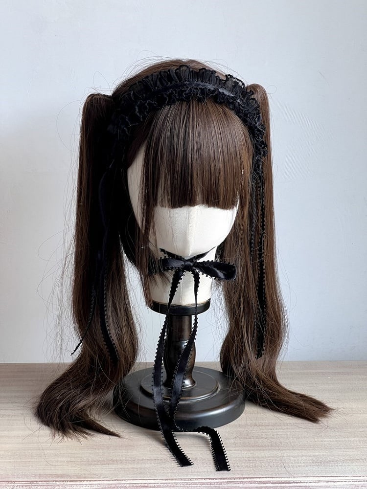 Fashion Hairband Lolita Ruffled with Red/White/Black/Dark Ribbons Blue