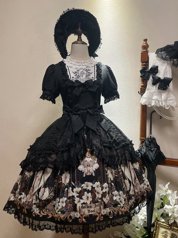Lily and Puppet Doll Print Black Dark Gothic Lolita Short Sleeves Dress