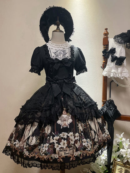 Lily and Puppet Doll Print Black Dark Gothic Lolita Short Sleeves Dress