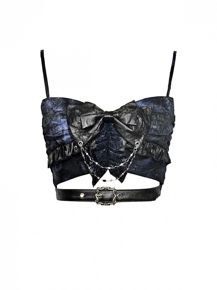 Top Bow Buckle Strap Vintage Blue Cropped Hem Tie with Black Rockabilly