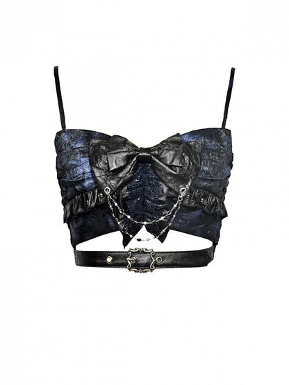 Top Bow Buckle Strap Vintage Blue Cropped Hem Tie with Black Rockabilly