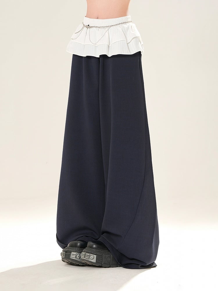 ネイビーブルーのゆったりワイドレッグカジュアルパンツ