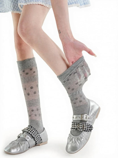 3-Color Semi-sheer Polka-dot Calf Socks with Ruffled Cuff - ModaSwings