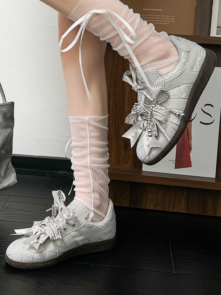 Ties Gray Beaded at Lace Sneakers Front Top Lace-up Decorated Bow