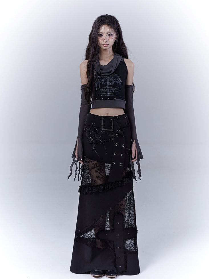 with Waist Lace Patches Cross Punk Belt Applique Buckle Skirt Black Low