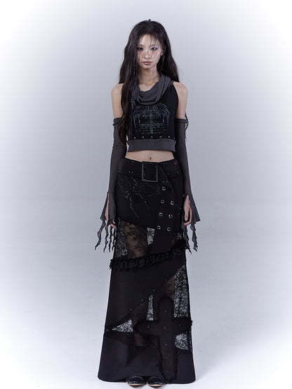 with Waist Lace Patches Cross Punk Belt Applique Buckle Skirt Black Low