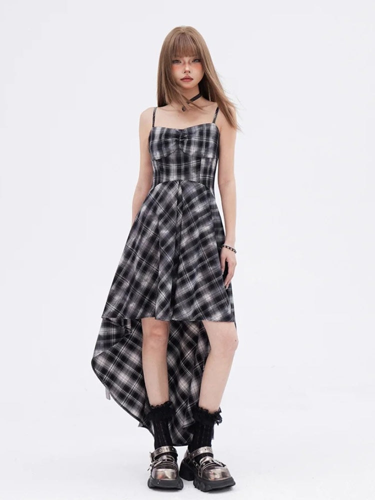 High-low Neckline Skirt Dress Black  White Plaid Sweetheart Slip