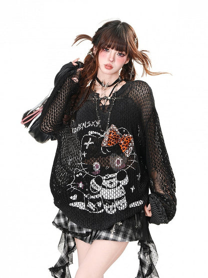 Top Kitty Print Pink/Apricot/Schwarz Distressed Löcher Sommer Sonnenschutz Aushöhlen