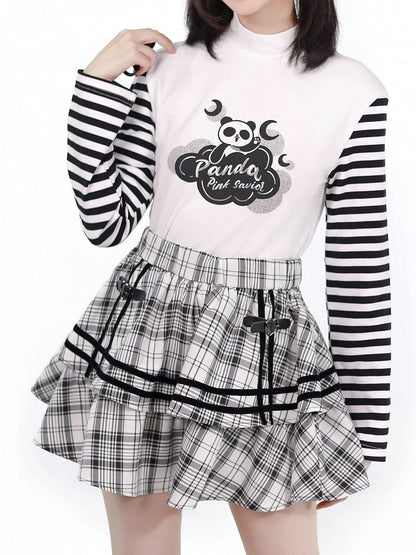 Tiered Pattern with Plaid Buckles Mini Heart Ruffles Skirt