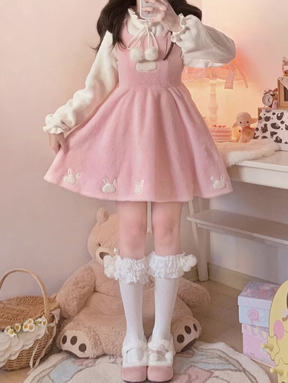 Pink Bunny Ears Hooded Plush Overalls Sweet Lolita Dress