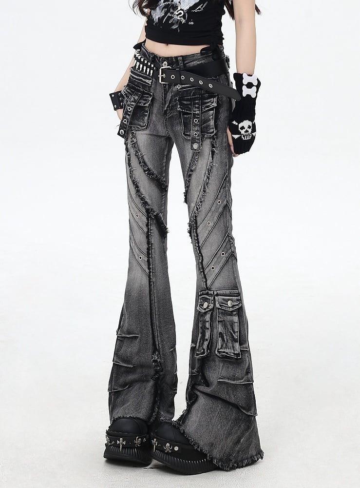 Black Rise Raw Hem Faded Wash Flared Cargo Jeans Y2K Low
