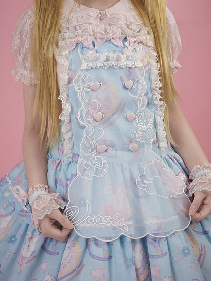 Cute Blue Lace Detailed Overall Gown with Detachable Apron Set - Vcastle