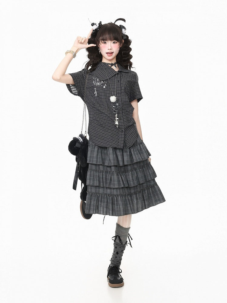 Black Asymmetrical Short Sleeve Top with Kitty Embroidery - Languid Park