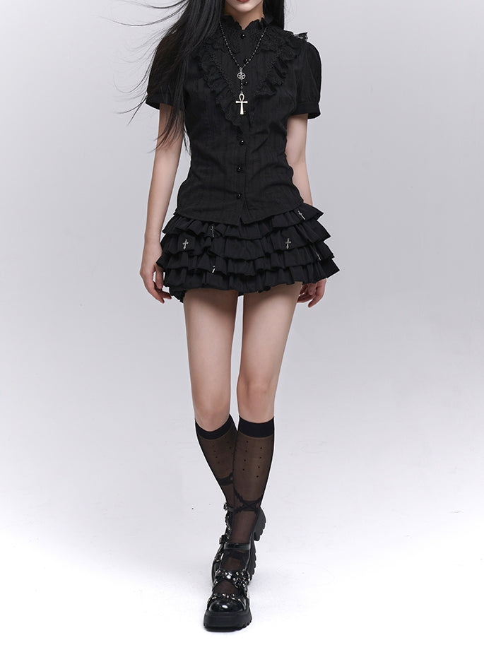 Black Lace Trim Short Sleeves Gothic Blouse
