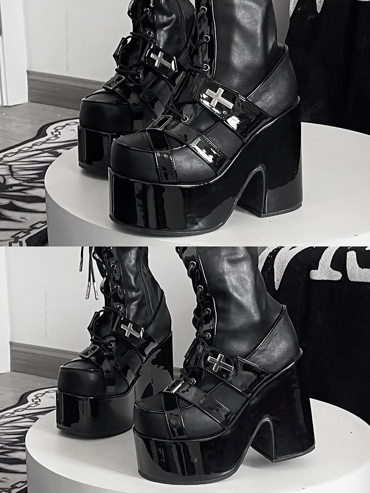 Matte Black Front Lace-up Ties Buckle Straps Heel Platform Thigh-high Boots