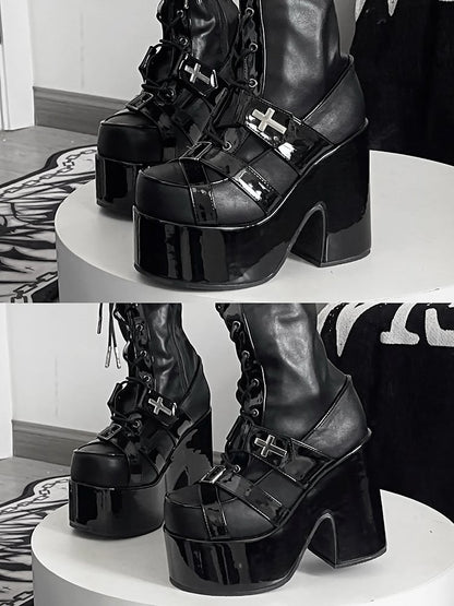 Matte Black Front Lace-up Ties Buckle Straps Heel Platform Thigh-high Boots