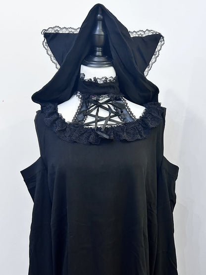 Cat-Ear Shoulder Halter with White Black Cutouts and Tie / Hoodie Jirai Kei