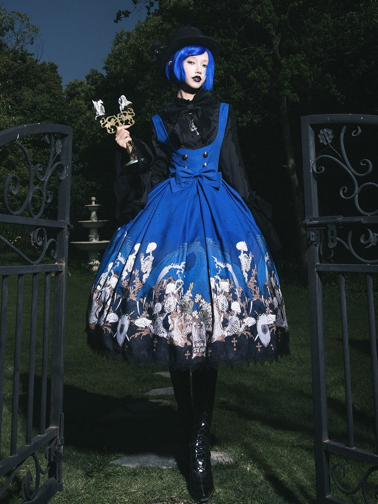 Blue Skeleton Cross Print Under Bust Gothic Lolita Dress with Black Lace Trim - NnSTAR