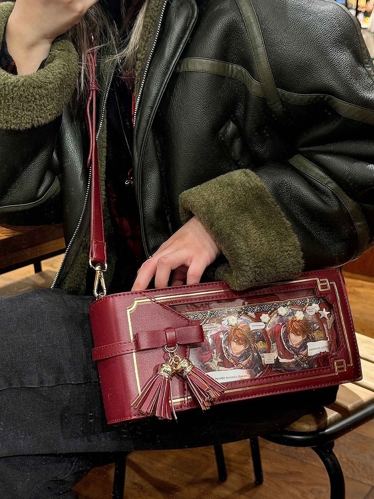 Rote Fransen mit floralem Wein-PU-Muster im Taschenstil mit Akzentschleife, Cheongsam Ita