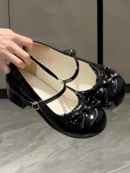 Top Mary Janes Lace Black Low-heel Trim Round Toe Circle Buckle PU Leather Bow Sweet