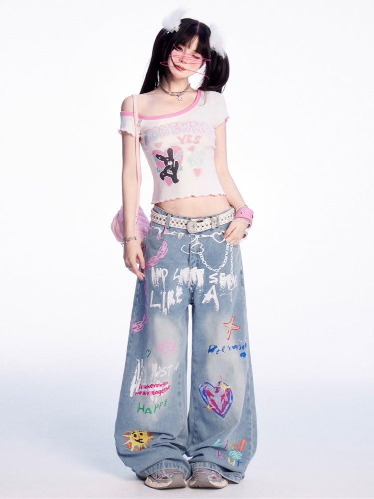 Asymmetrical Neckline Cute Bunny Print Pink Lettuce Hem White