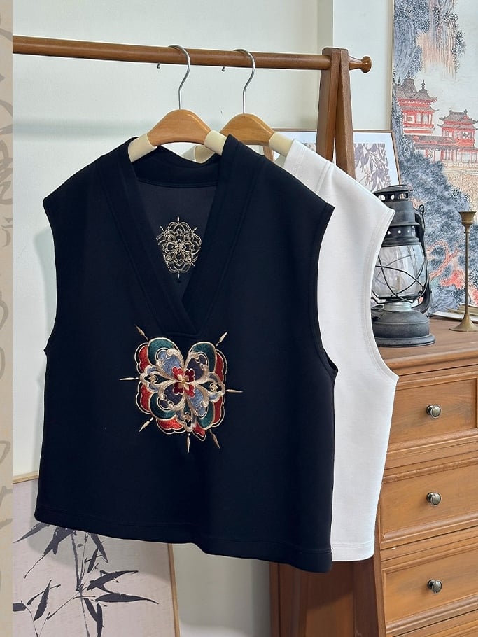 Unisex with Floral Black Fringe Detachable Vest Embroidery Style - Chain Chinese V-Neck