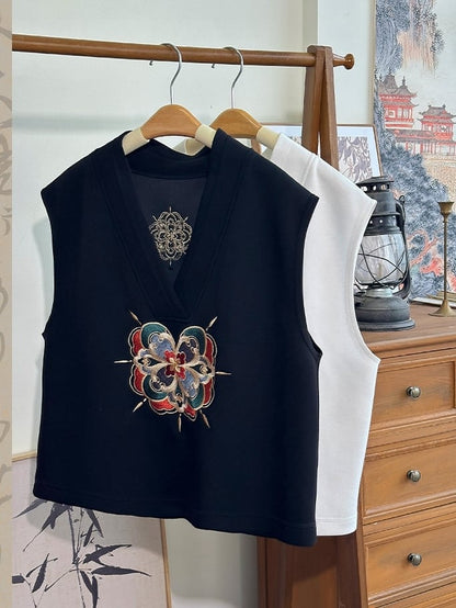 Unisex with Floral Black Fringe Detachable Vest Embroidery Style - Chain Chinese V-Neck