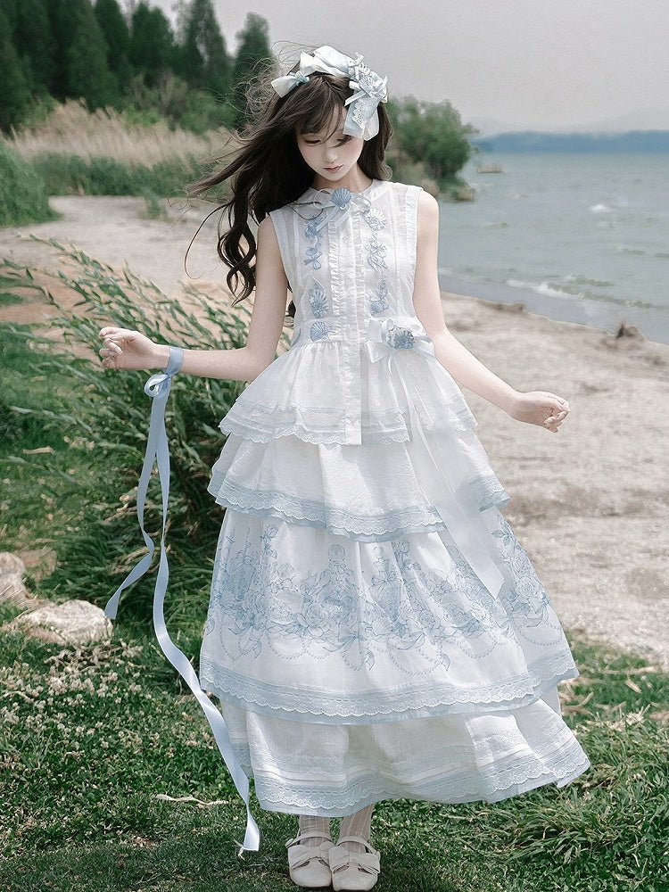 White Sheer Blue Shell Embroidered Lace Vest with Self-Tie - Yimu Walnut