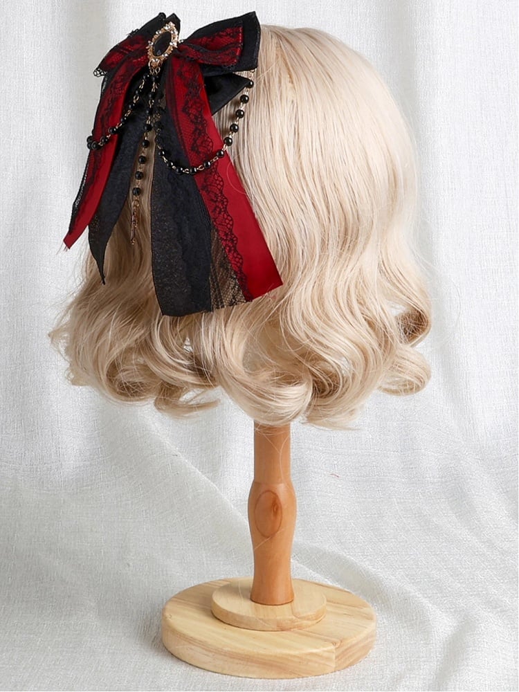 Red Black Cross Charms Gem Hairclip Lace with Bow