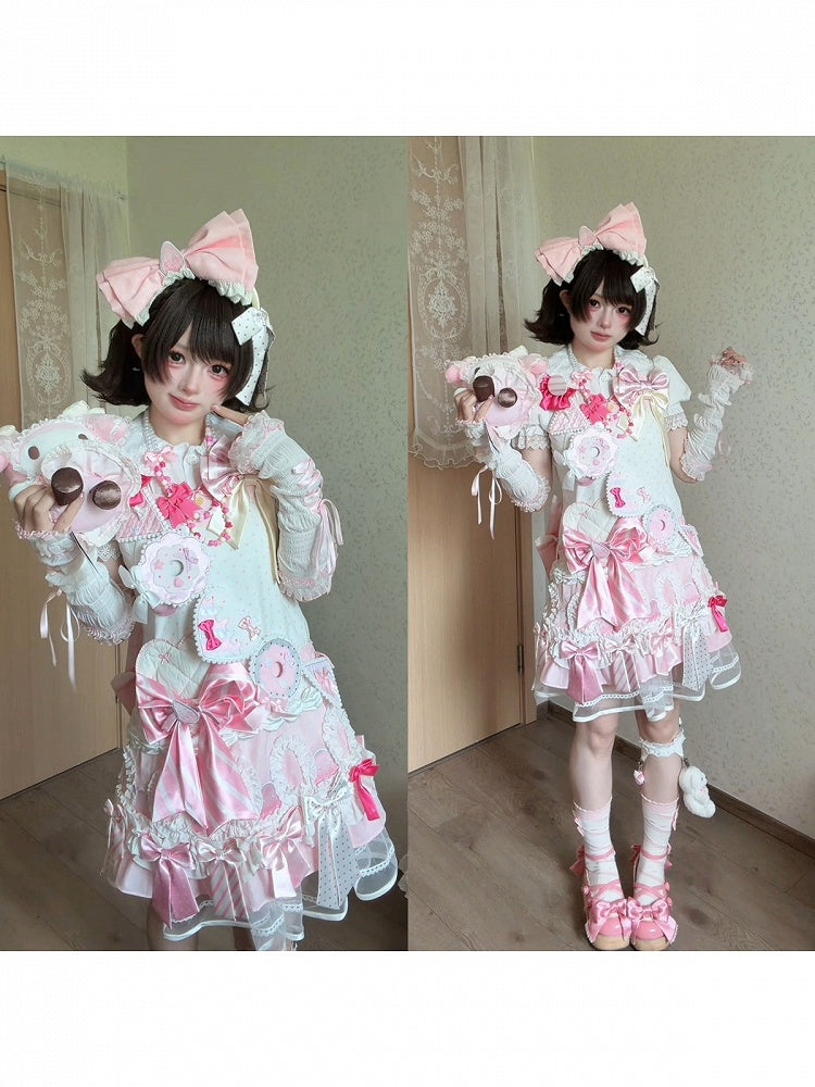 Polka Dot Bow Low-Waist JSK in Pink and White with Adjustable Straps - sedef