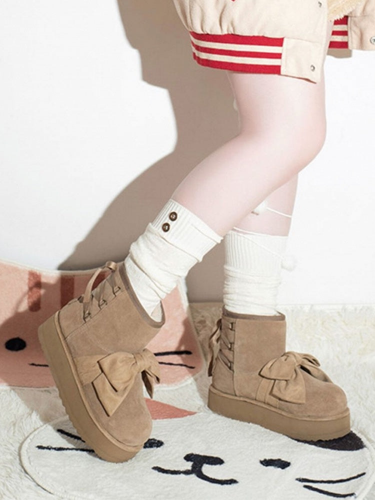 Charming Bow Design with Back Tie Closure Khaki Winter Boots in Sweet Lolita