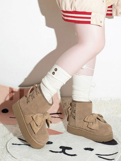 Charming Bow Design with Back Tie Closure Khaki Winter Boots in Sweet Lolita