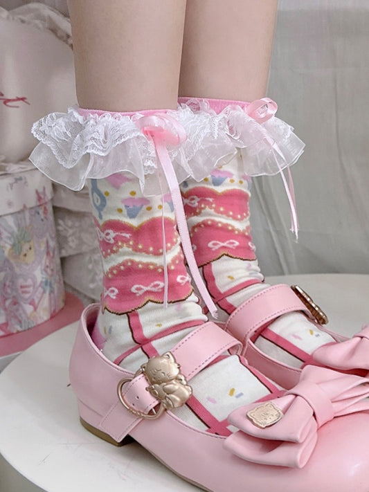 Pink Sweet Lolita Bowknot Lace Trim Striped Pattern Calf Socks