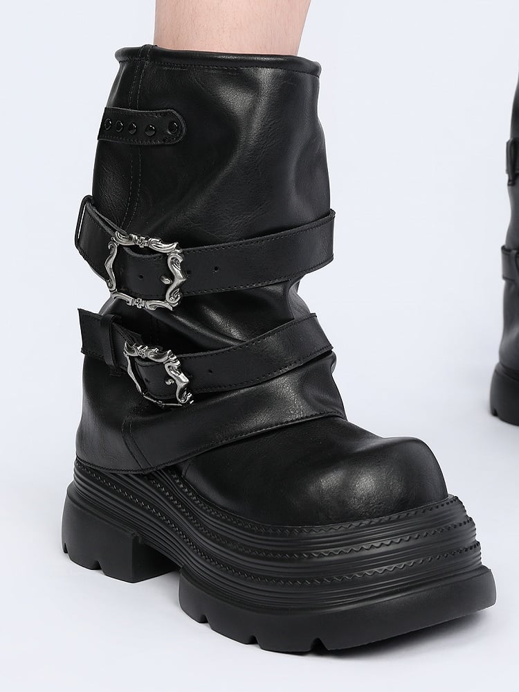 Black and Buckle with Boots Details Punk Studded Platform Stacked Accents