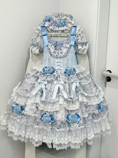 Hime Blue Lolita with Accents Puffy Dress Ruffle Multi-Layered Light Rose