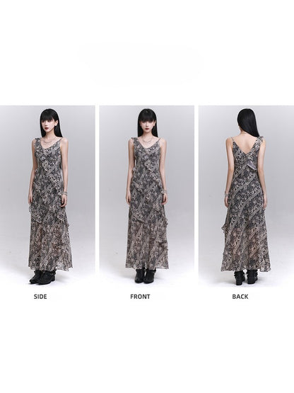 Cascading Trim Ankle-Length with Gothic Dress Gray Ruffle A-Line Tie-Dye