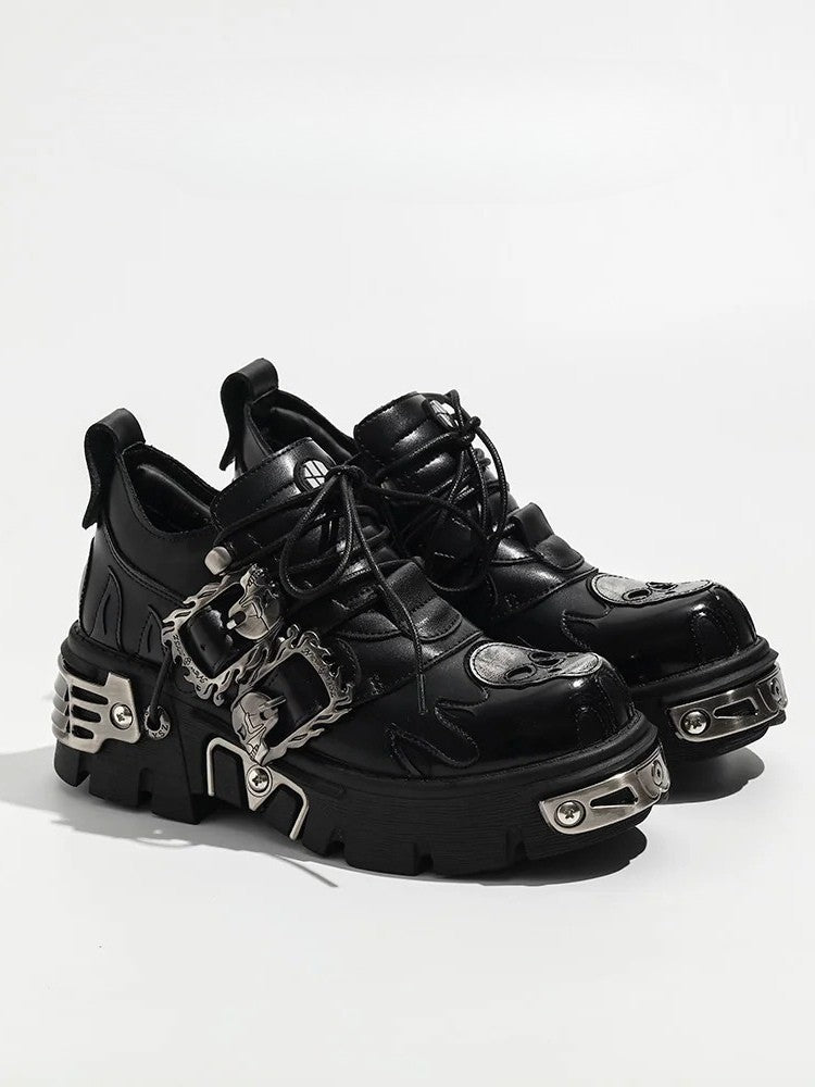 Flame with Shoes Lace-Up Detail And Closure Black Platform Punk - Buckles Skeleton Detailing
