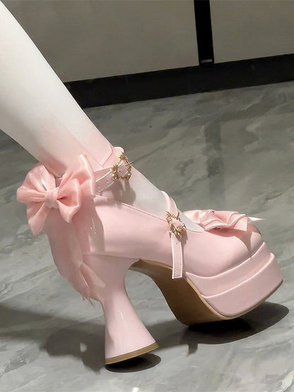 Sweet High-heel PU Top Pink at with Bow Janes Light Lolita Mary Platform