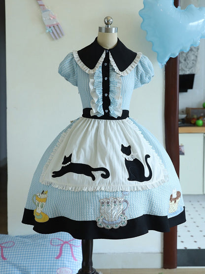 Kawaii Tea Cup Cat Theme Blue & Black Lolita Dress Set with Embroidery & Lace Trim - Rock Candy Box