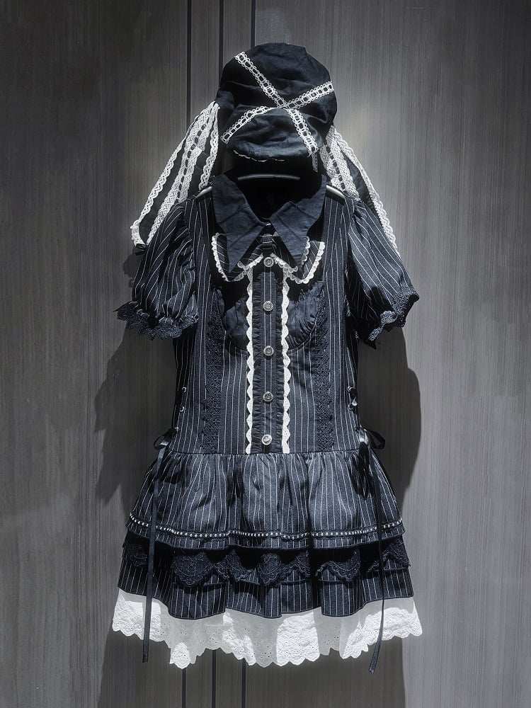 Gothic Batwing Sleeve Lace-up Dress Collar with Waist Stripes Puff Black
