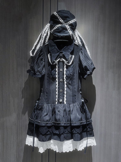 Gothic Batwing Sleeve Lace-up Dress Collar with Waist Stripes Puff Black