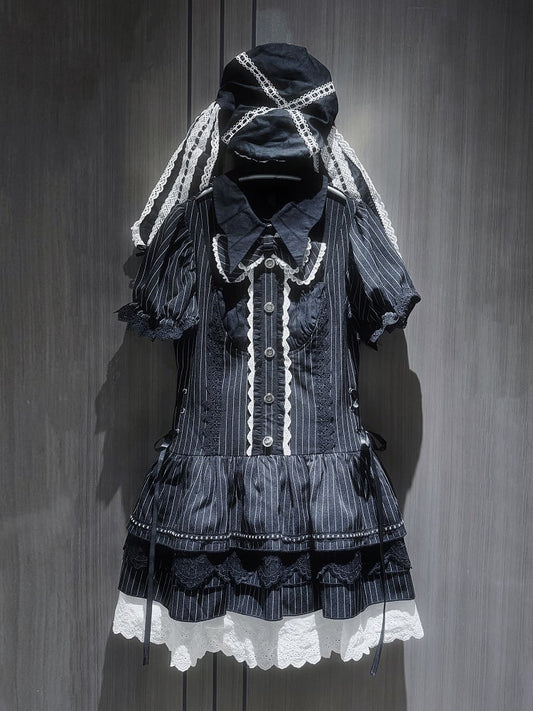 Gothic Batwing Sleeve Lace-up Dress Collar with Waist Stripes Puff Black